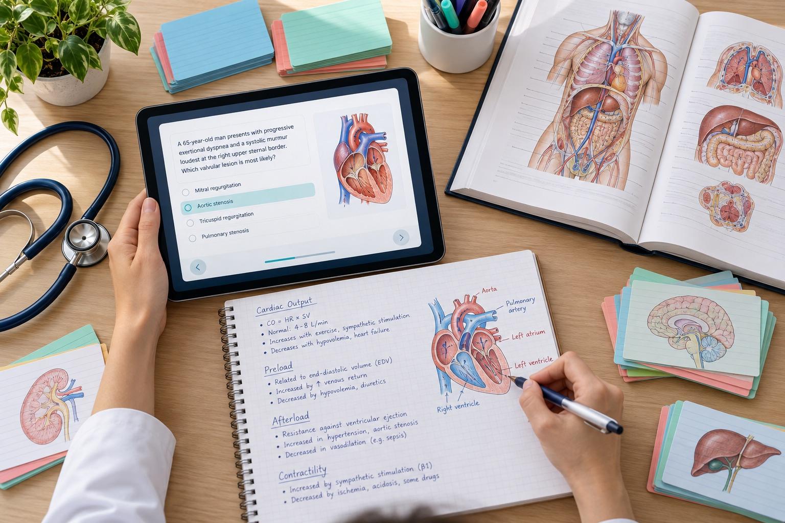 USMLE study workspace with a question, anatomy reference, notes, and flashcards